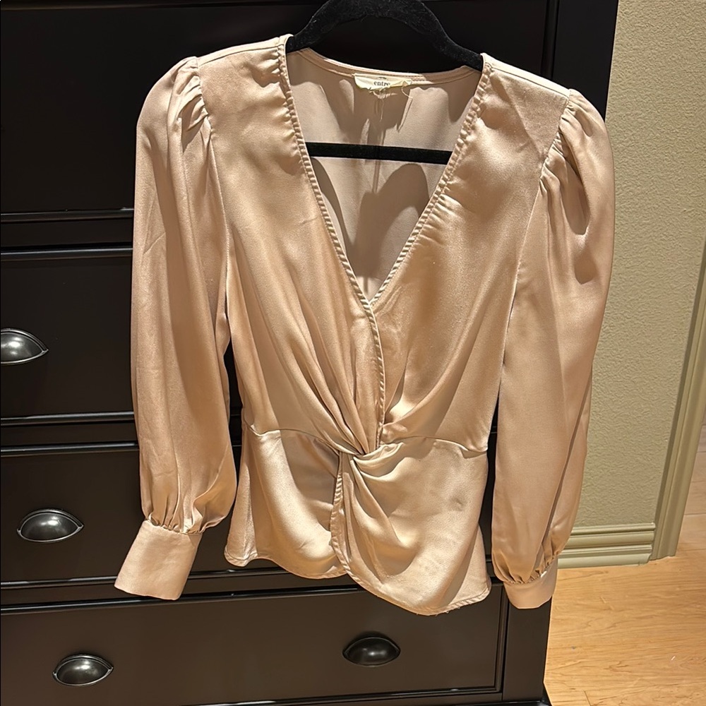 Elegant Satin V-Neck Blouse in Champagne